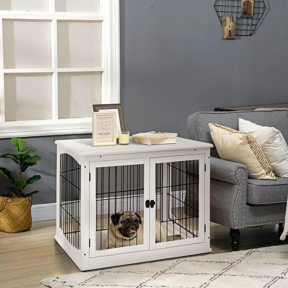 Wooden Dog Crate End Table Pet Puppy Cage w/Metal Wire for Small Dog White - Birdham Animal Feeds