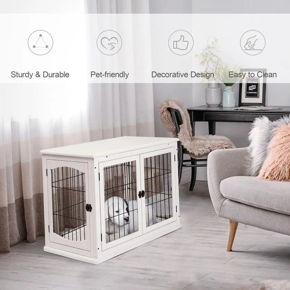 Wooden Dog Crate End Table Pet Puppy Cage w/Metal Wire for Small Dog White - Birdham Animal Feeds